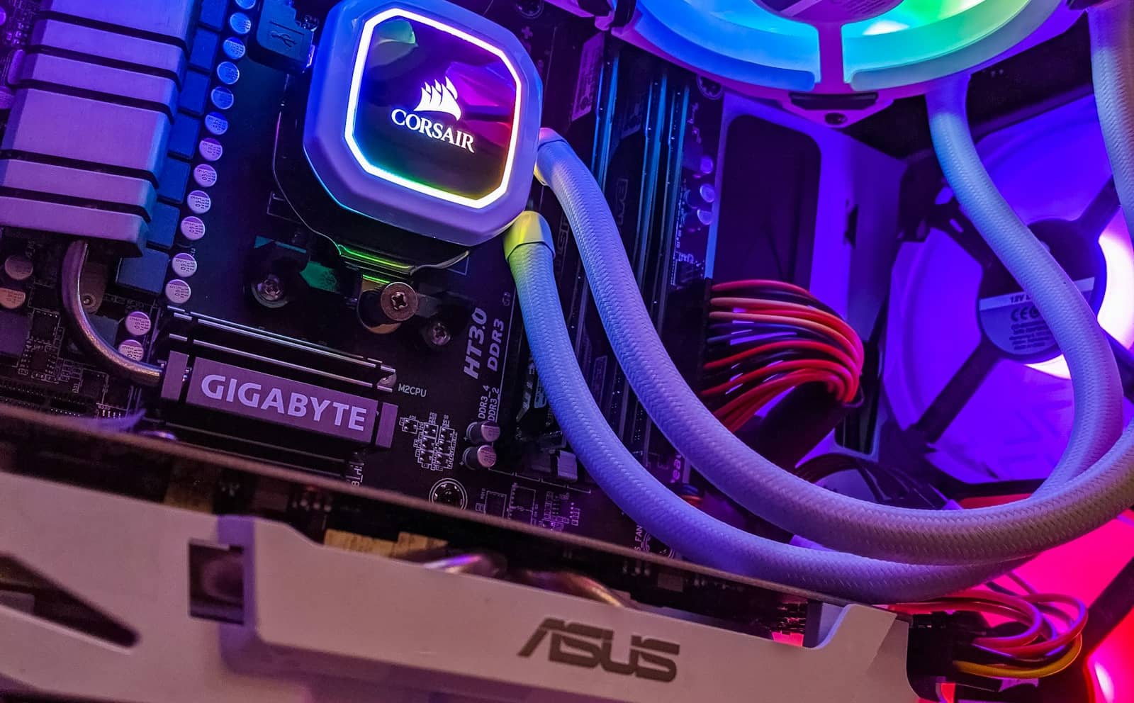 The RGB-lit interior of a custom gaming PC