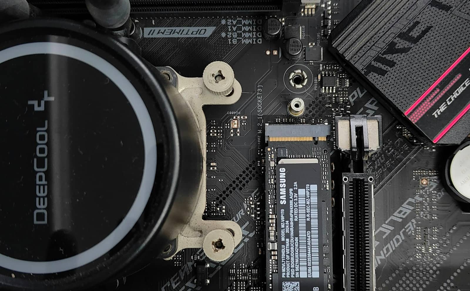 An NVMe M.2 SSD installed on a motherboard