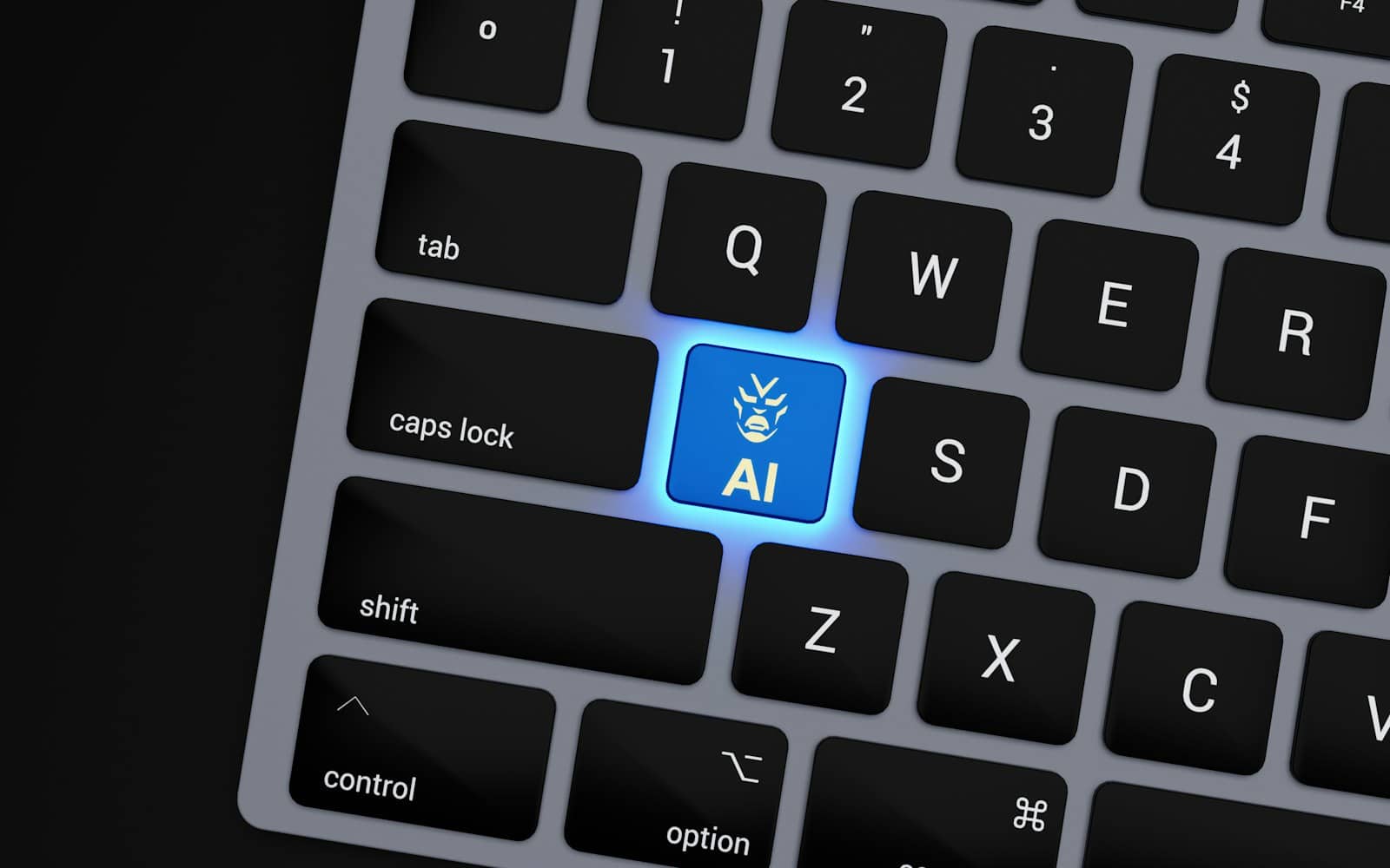 A keyboard with a glowing AI key