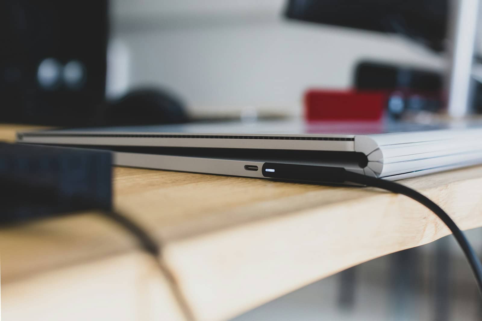 A cable connecting to a laptop port