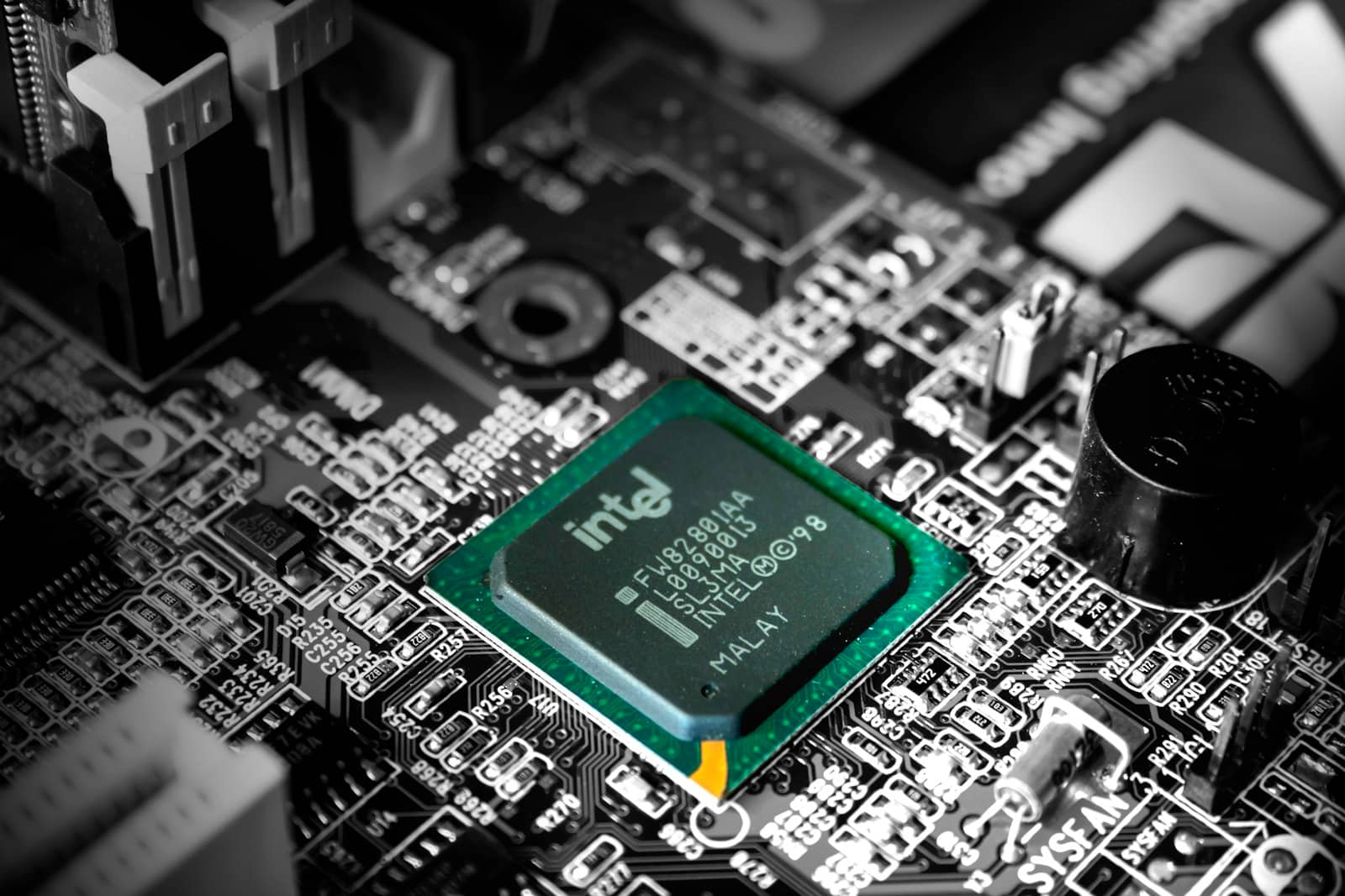 A chip on a computer motherboard in close-up