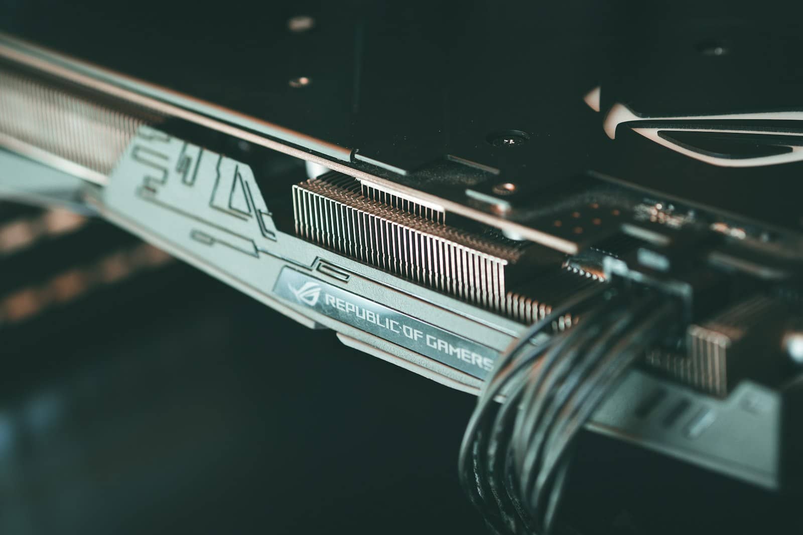 A graphics card heatsink and fans close up
