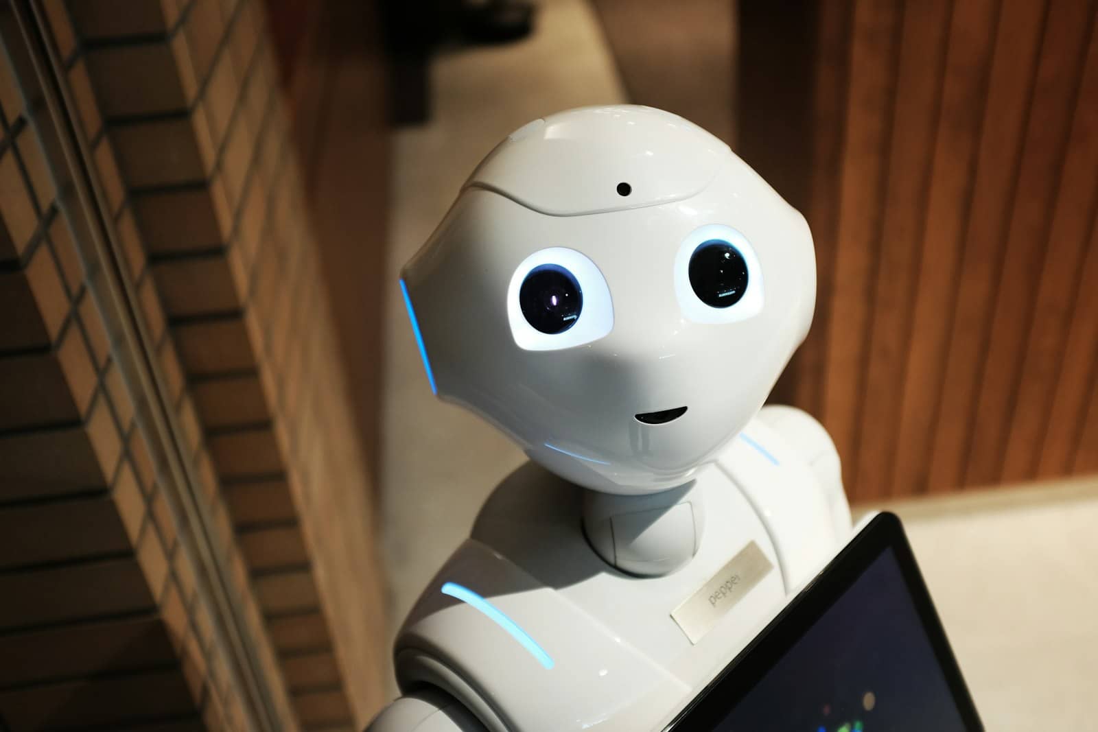 A friendly white robot looking at a screen