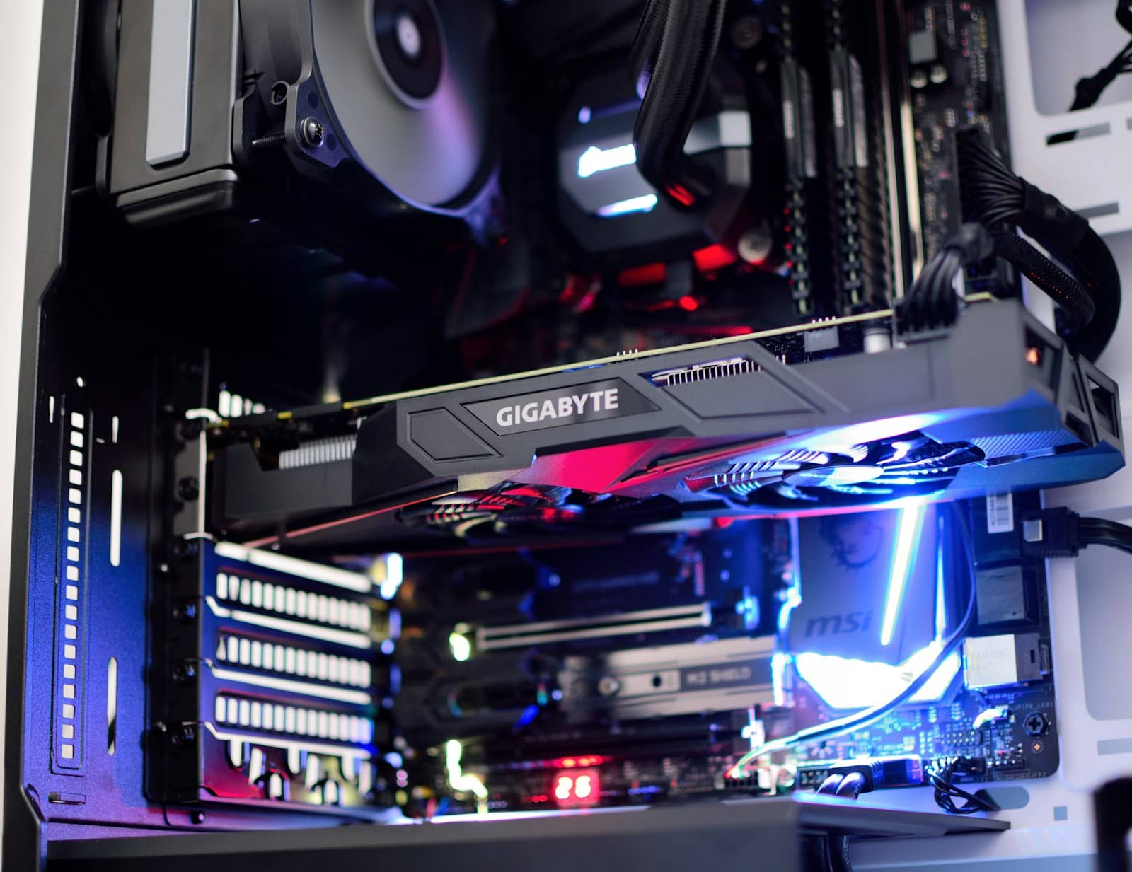 An open PC case showing internal components