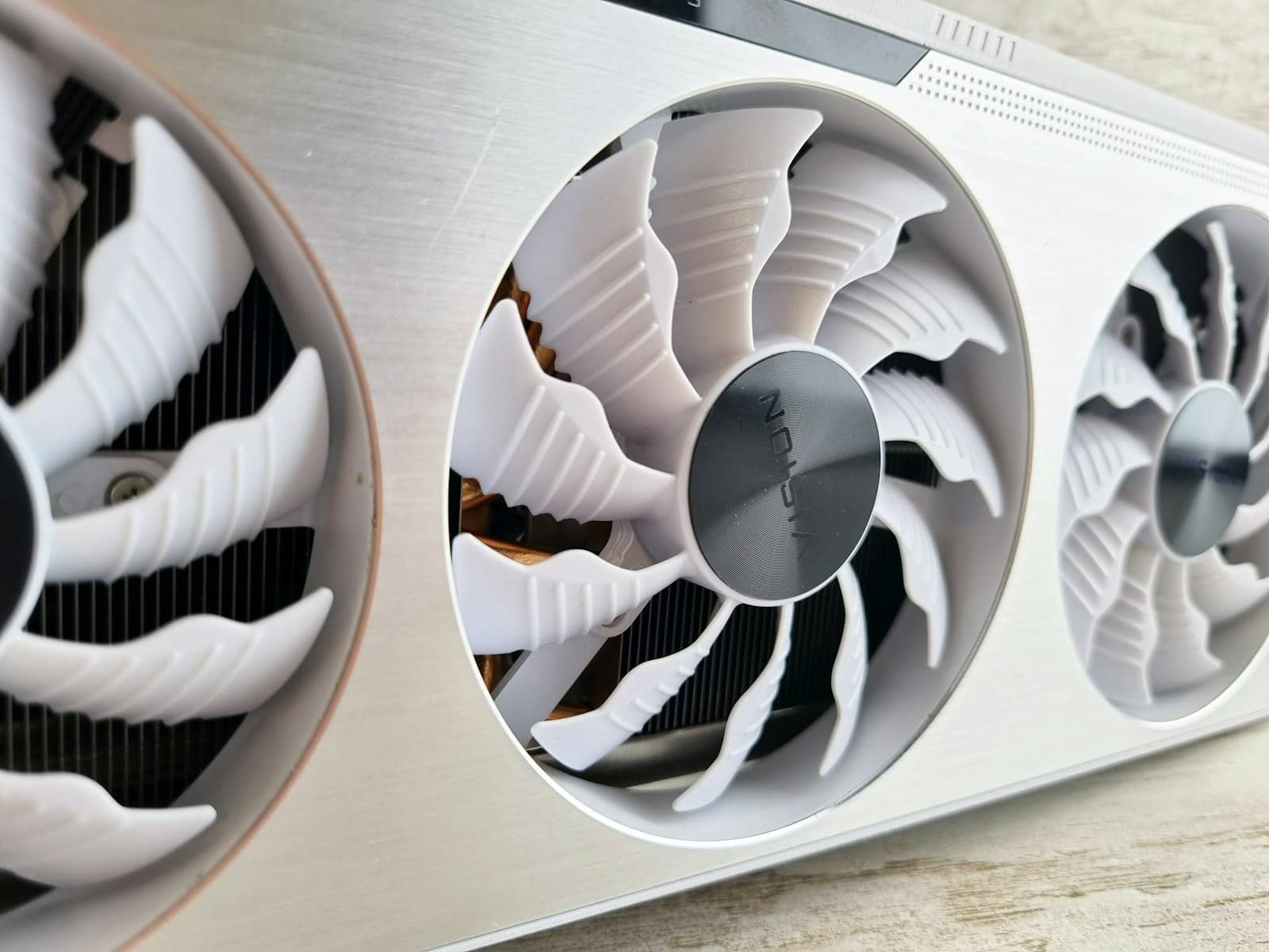 A graphics card cooling fan close-up