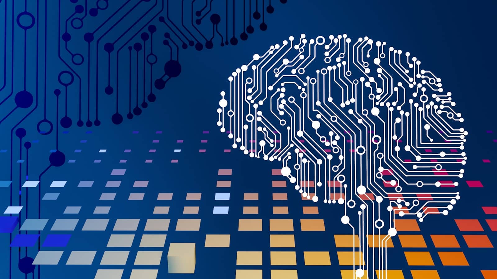 A brain made of circuit-board traces on a blue background