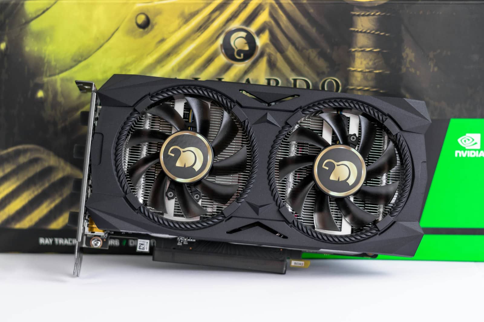 Two NVIDIA graphics cards with a retail box