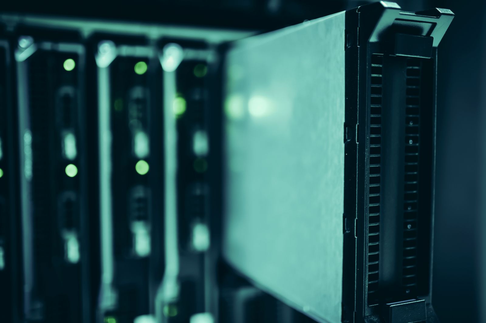 Enterprise server blades in a data center rack with status lights