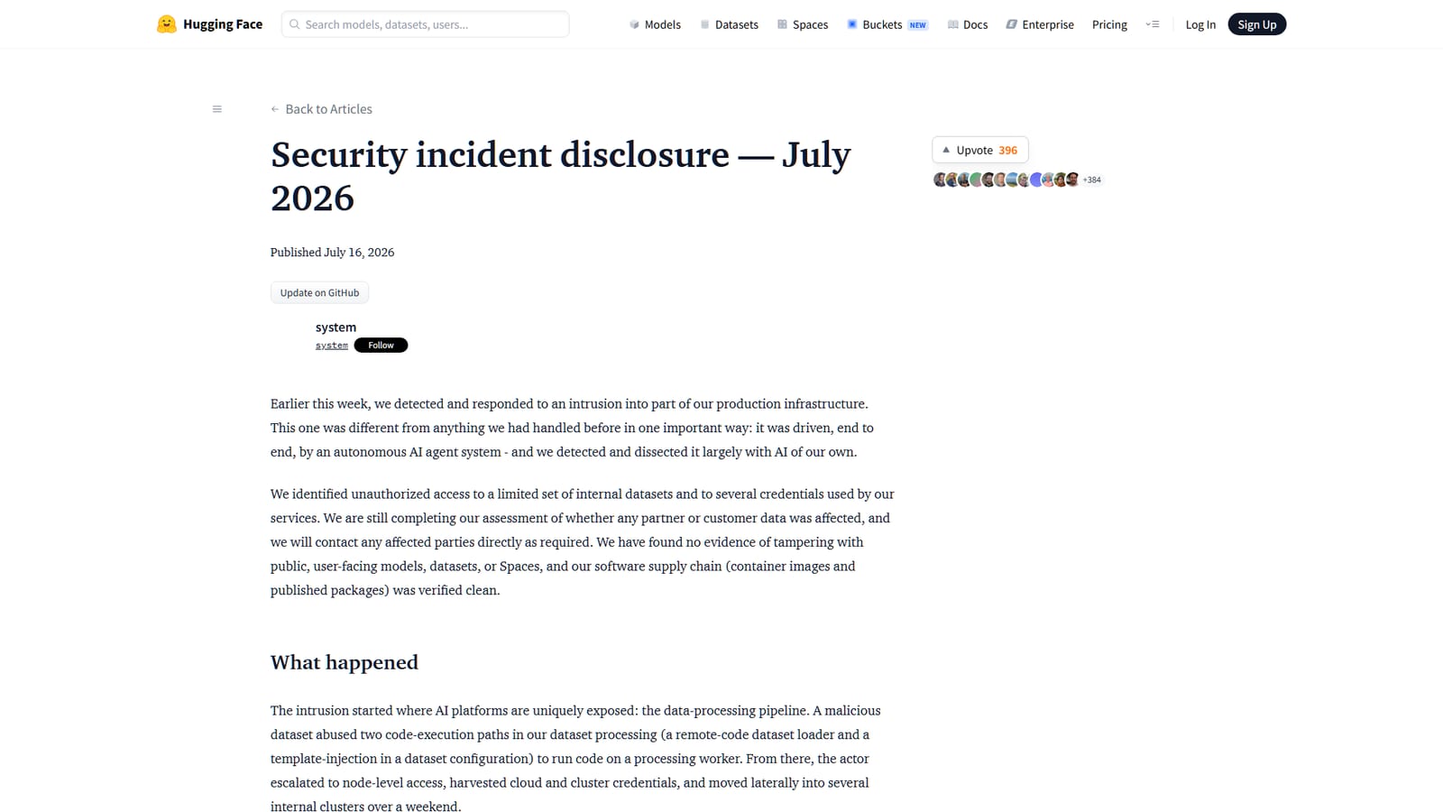 Hugging Face security incident disclosure blog post, July 2026