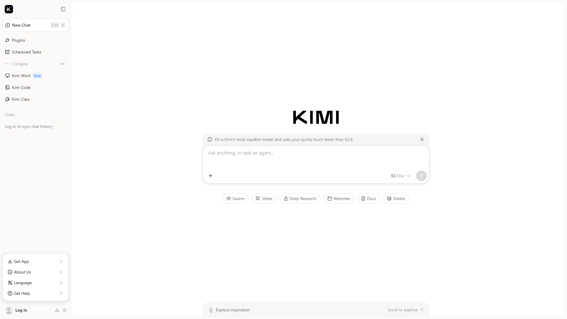 Kimi's official web interface showing the K3 Max model selector