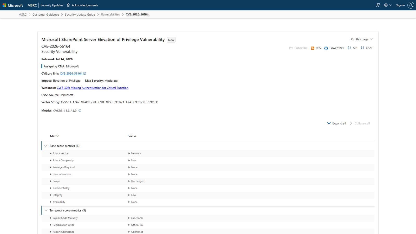 Microsoft Security Response Center page for CVE-2026-56164 showing Max Severity Moderate and CVSS 5.3