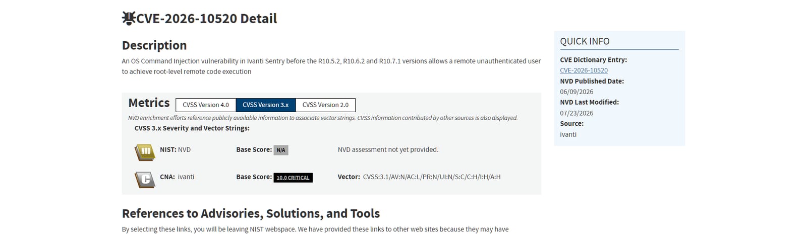 NVD detail for CVE-2026-10520 showing a 10.0 CRITICAL score and the Ivanti Sentry root RCE description