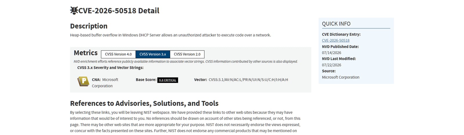 NVD detail for CVE-2026-50518 showing 9.8 CRITICAL and a heap-based buffer overflow description
