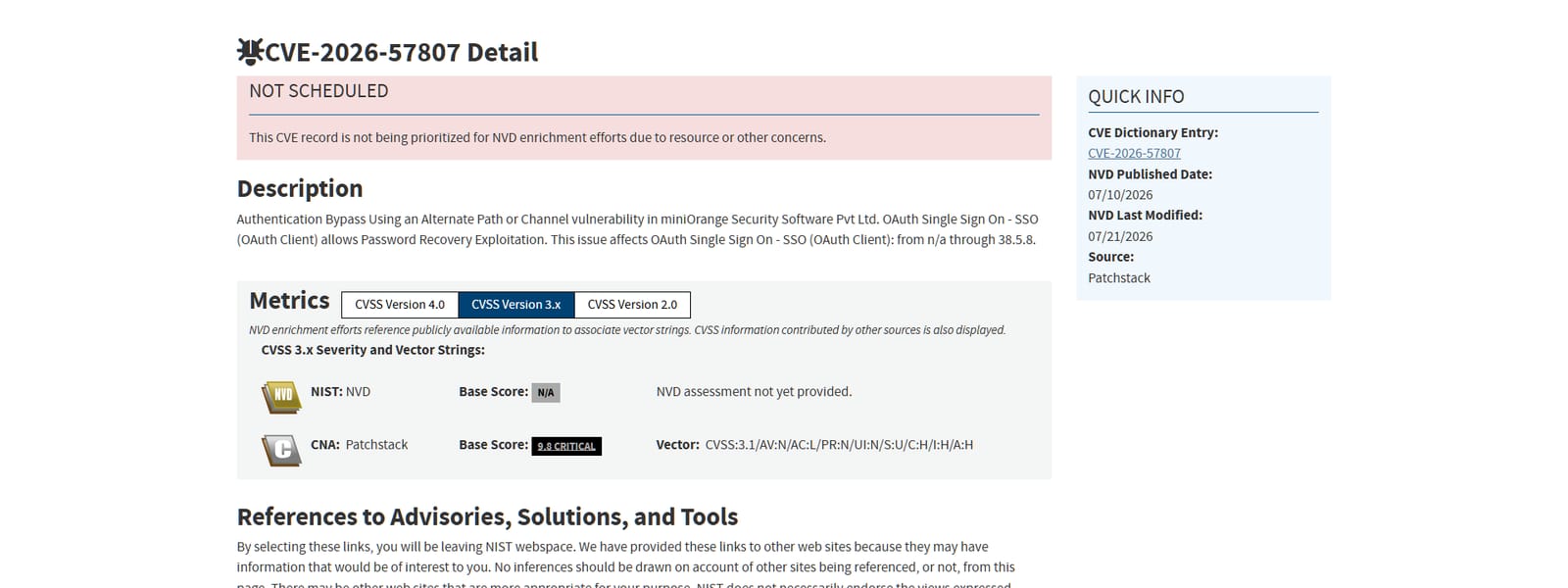 NVD detail page for CVE-2026-57807 showing a 9.8 CRITICAL score and miniOrange OAuth SSO description