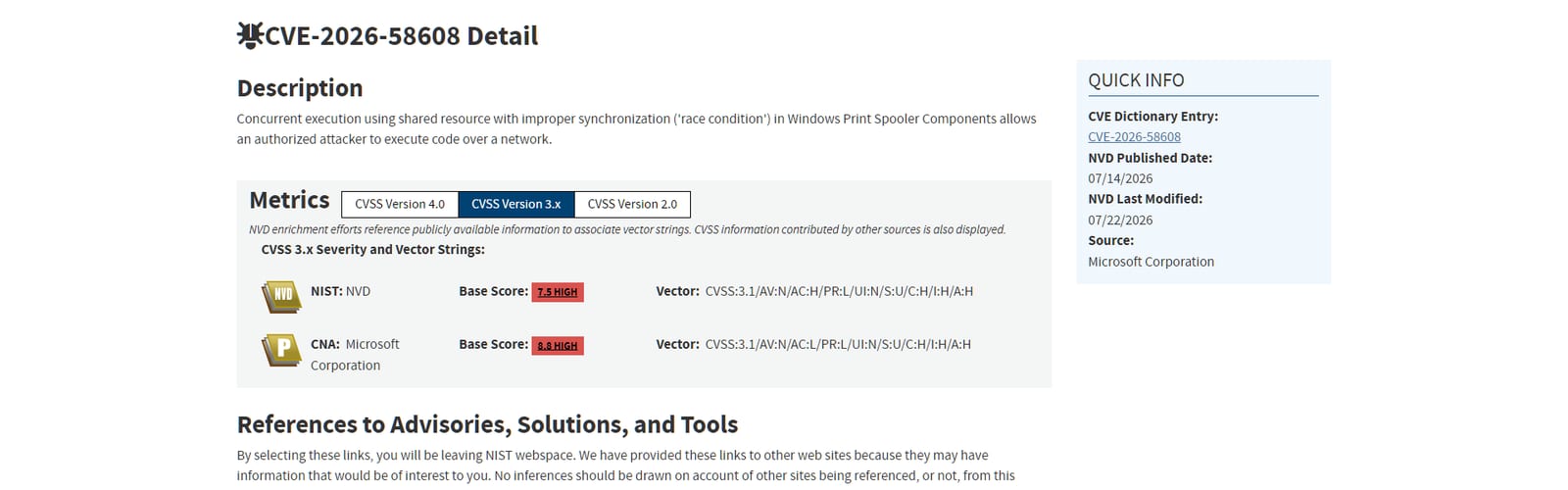 NVD detail page for CVE-2026-58608 showing the Windows Print Spooler race condition RCE