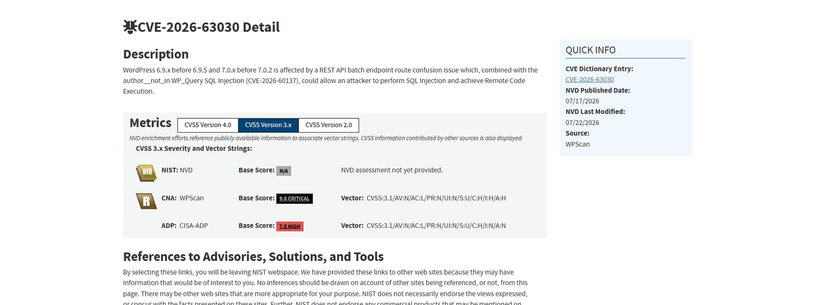 NVD detail page for CVE-2026-63030 describing the wp2shell WordPress vulnerability