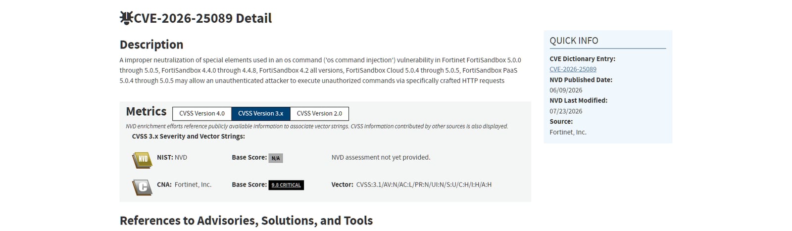 NVD detail for CVE-2026-25089 showing a 9.8 FortiSandbox command injection