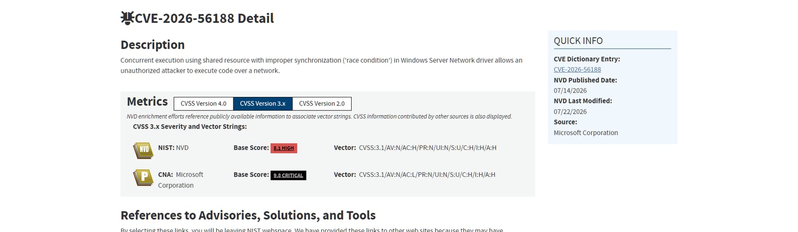 NVD detail for CVE-2026-56188 showing a Windows Server network driver RCE