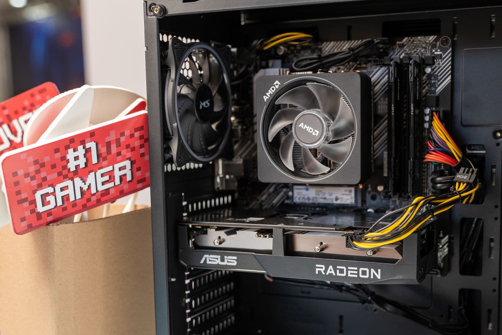 A mid-range graphics card installed in a desktop PC build