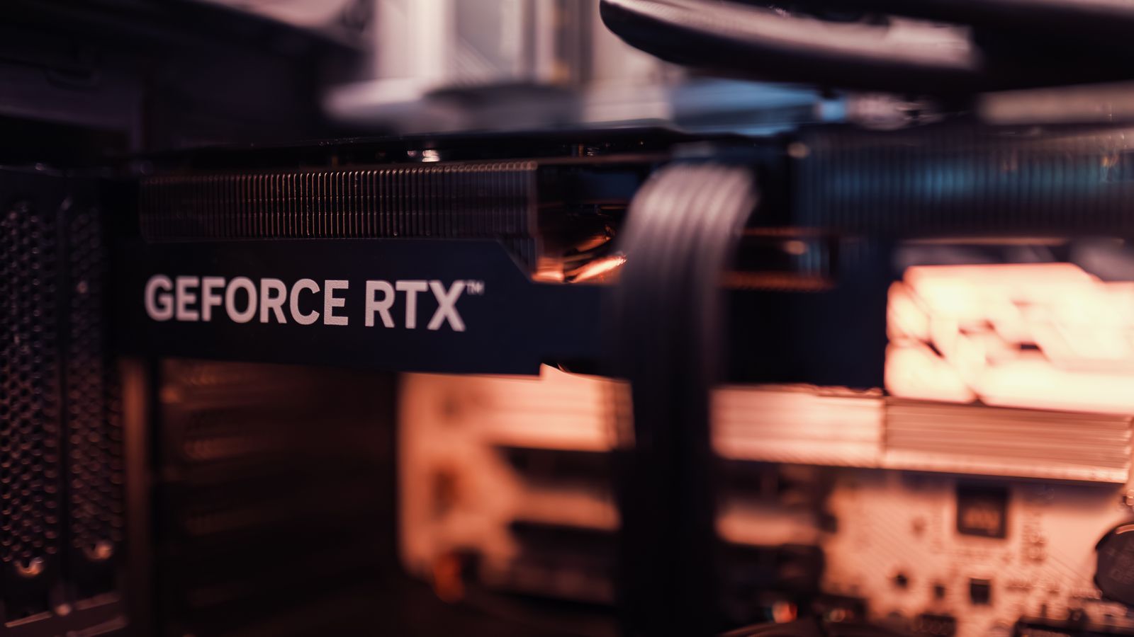 Close-up of a GeForce RTX graphics card installed in a PC