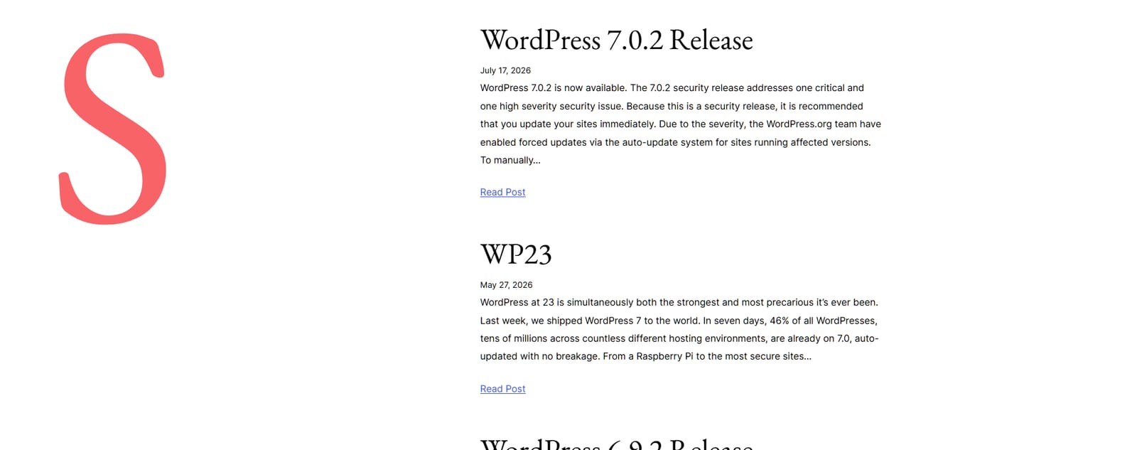 WordPress.org news page announcing the 7.0.2 security release