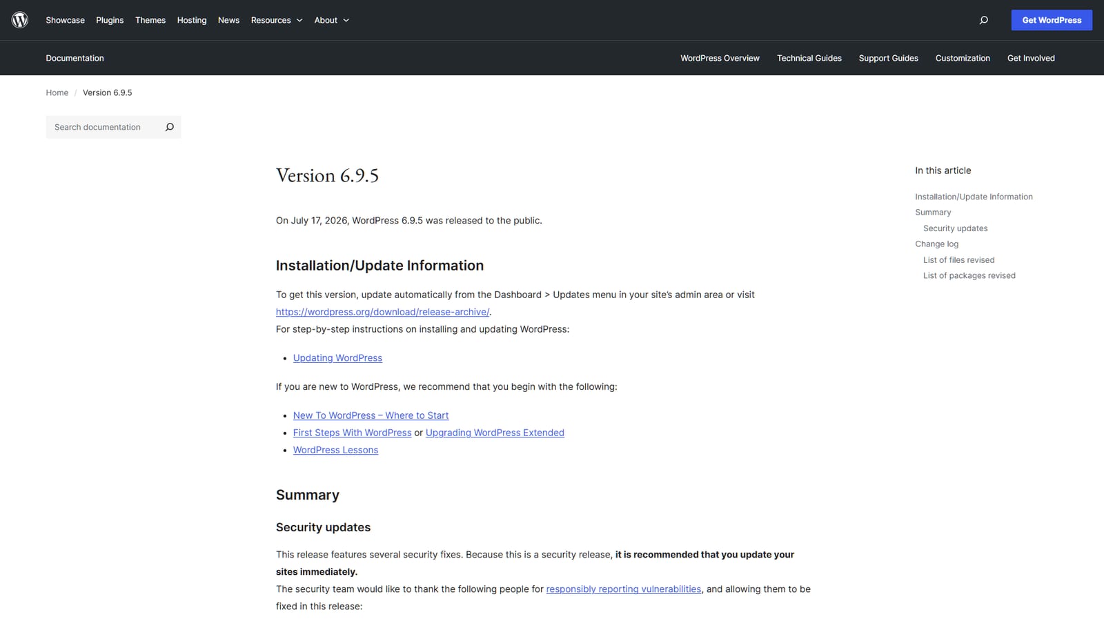 WordPress.org documentation page for version 6.9.5 security release