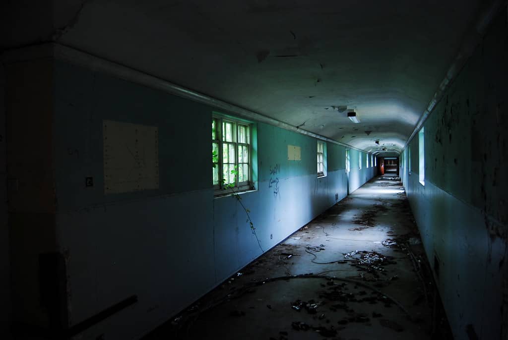 An empty hospital corridor, representing the facility closures during the AnMed cyberattack