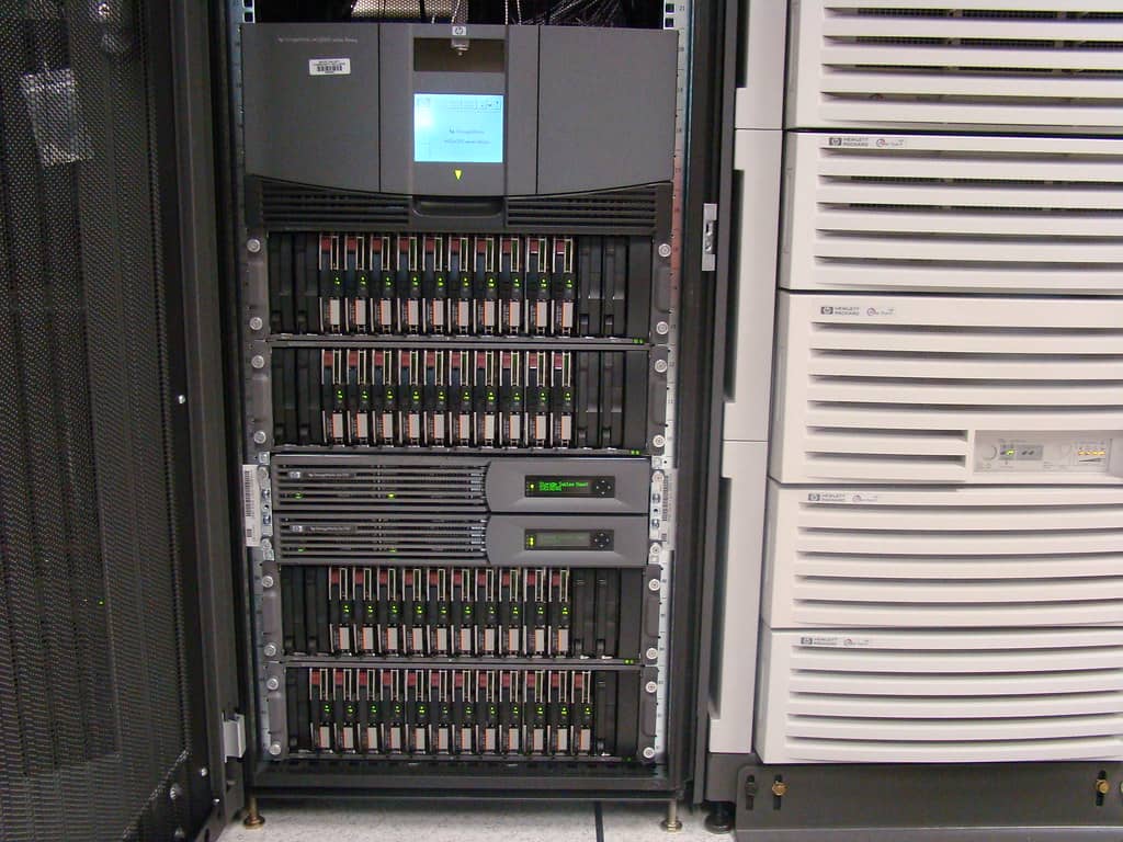 Rack-mounted firewall and networking hardware in a server room