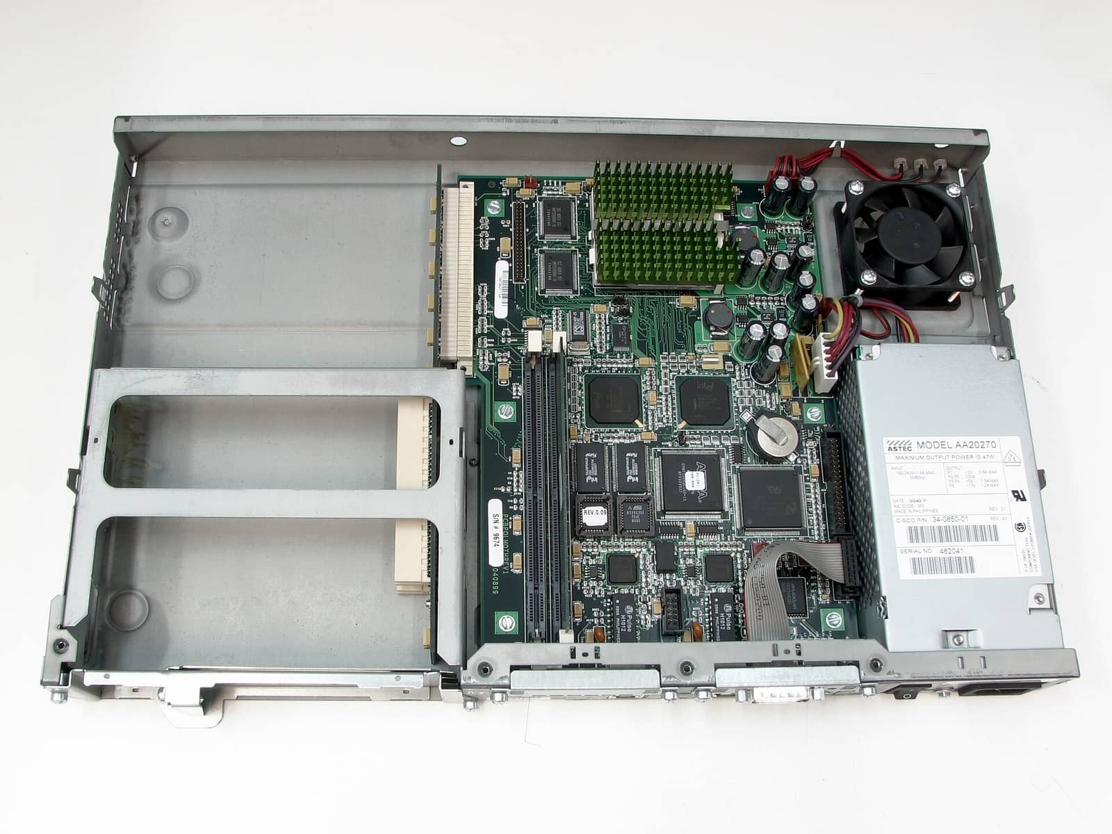 Cisco networking and firewall hardware mounted in a server rack