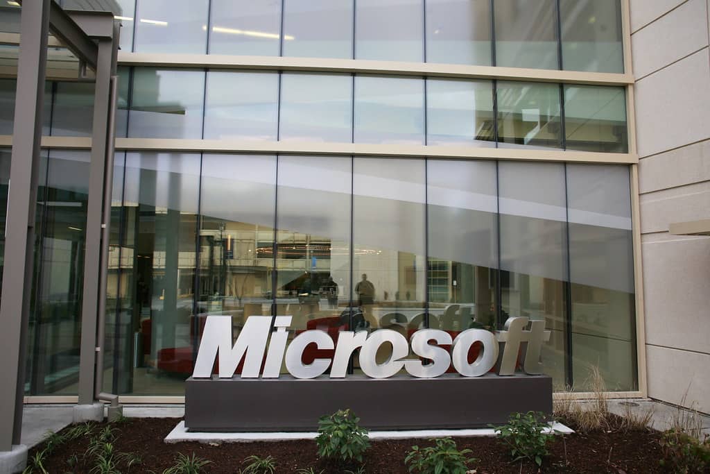 Exterior of a Microsoft office building representing the company's cloud and identity infrastructure