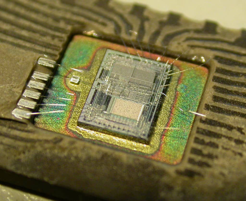 Close-up of a computer processor chip on a circuit board