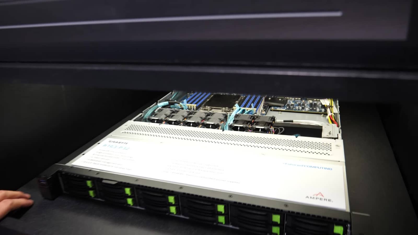 Rows of AI inference servers in a data center rack