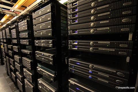 Rows of server racks in a data center