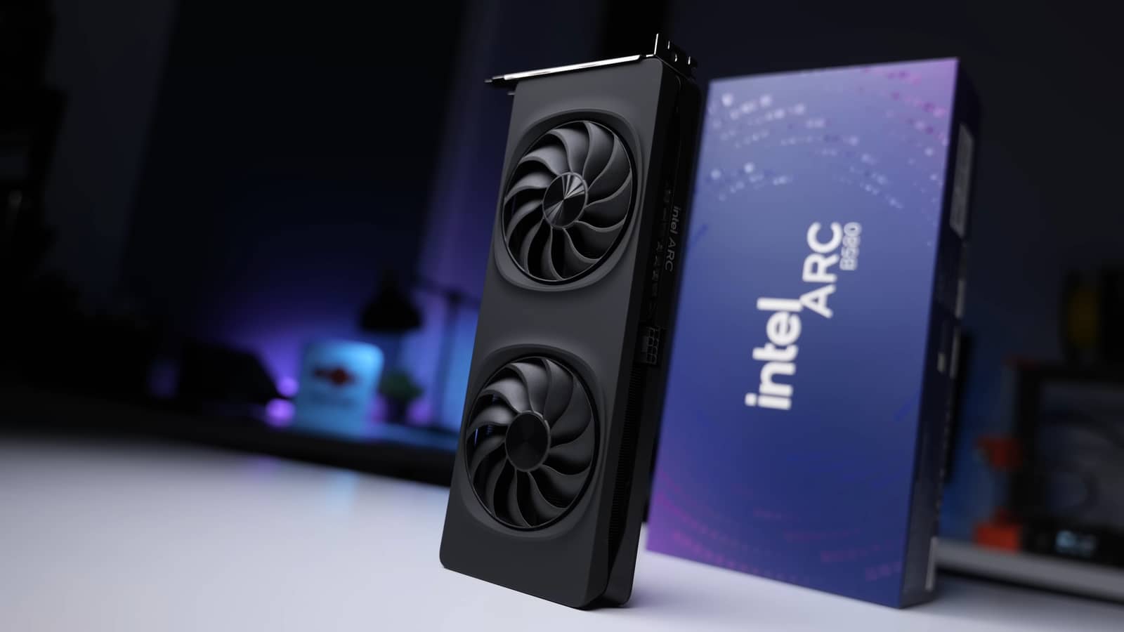Intel Arc B580 graphics card on a desk