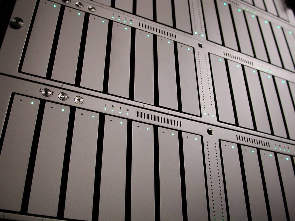 Rows of server racks in a data center representing an email server infrastructure