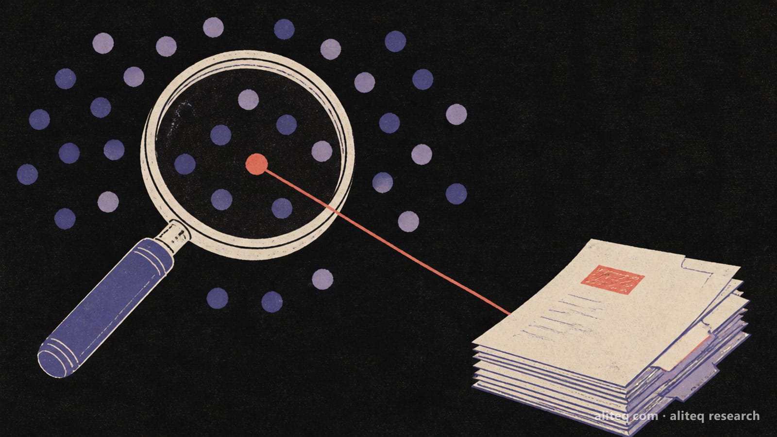 Hand-drawn editorial illustration of a magnifying glass over a scatter of lavender dots with one coral dot connected by a line to a stack of paper files, on a near-black background