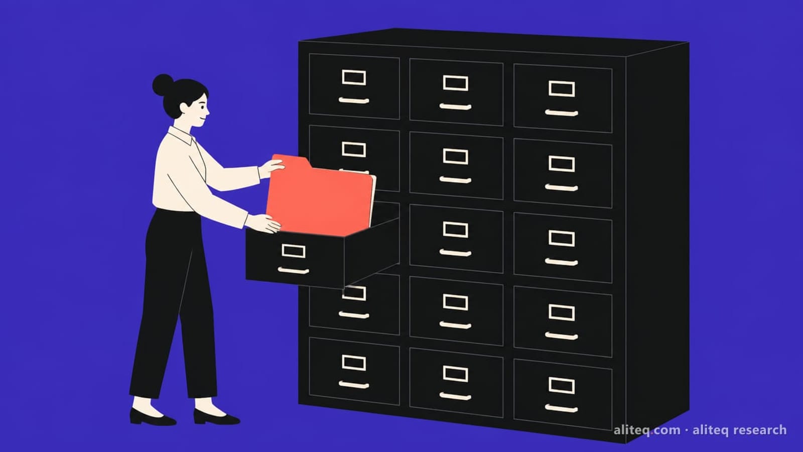 Flat vector illustration of a person pulling one coral folder out of a single open drawer in a huge black filing cabinet, on a saturated indigo-violet background