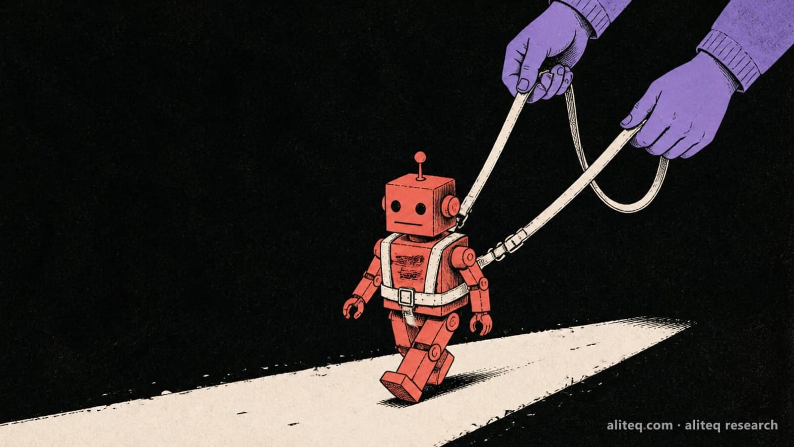 Hand-drawn editorial illustration of a small coral robot walking along a path inside an off-white strap harness held by human hands, on a deep near-black background with indigo-violet shapes