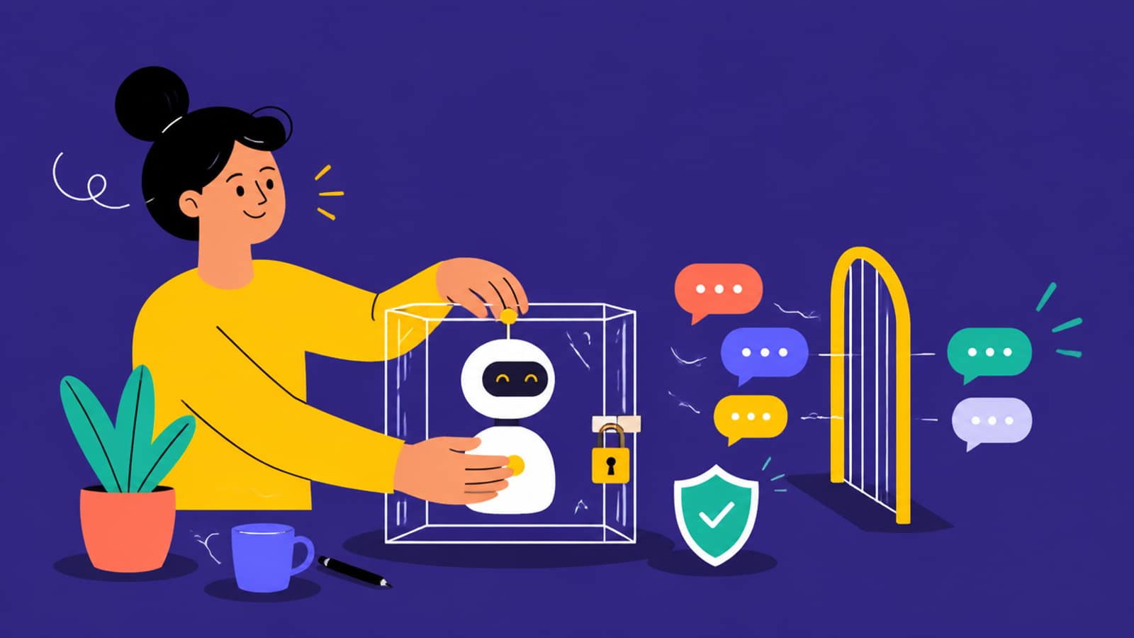 Flat illustration of a person placing a small robot helper inside a locked glass box while chat bubbles pass through a gate