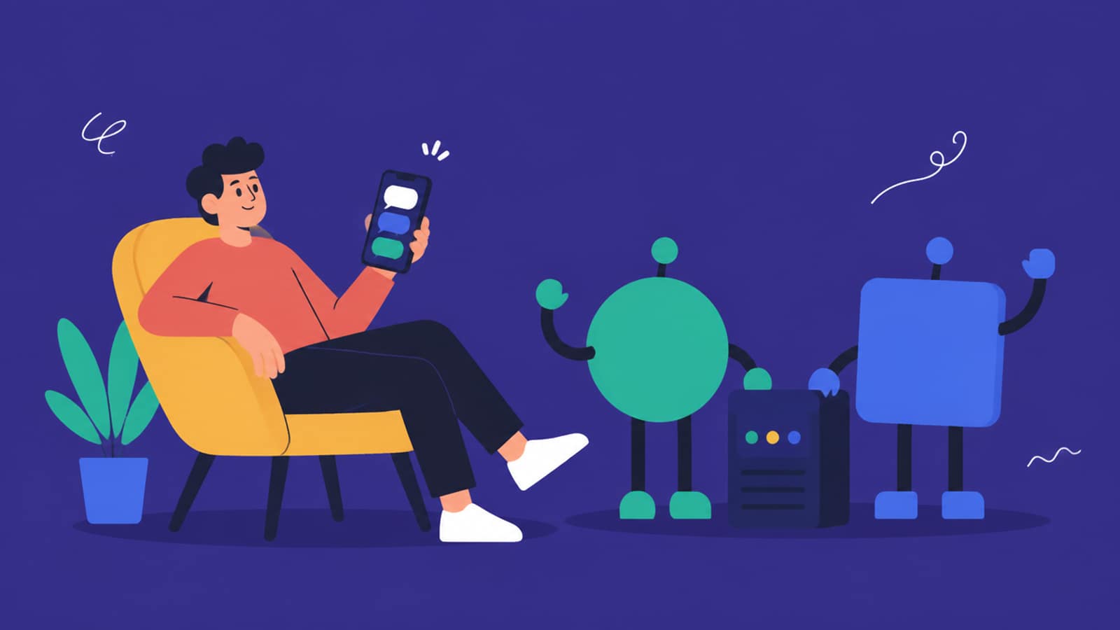 Flat illustration of a person on a chair with a phone showing chat bubbles, two simple robot helper figures standing by a small home server