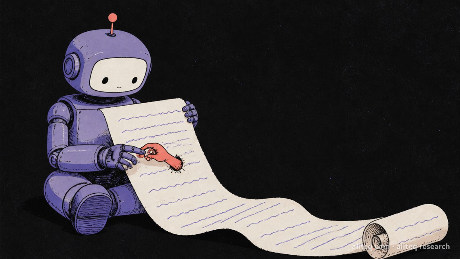 Hand-drawn editorial illustration of a small robot reading a long paper letter, while a tiny coral hand reaches out of the page to steer the robot's hand, on a near-black background