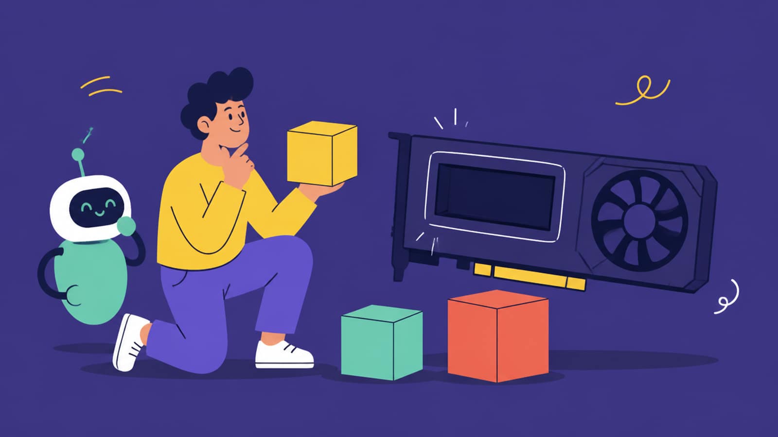 Flat illustration of a person choosing between small, medium and large boxes to fit into a slot on a graphics card, a small robot helper watching