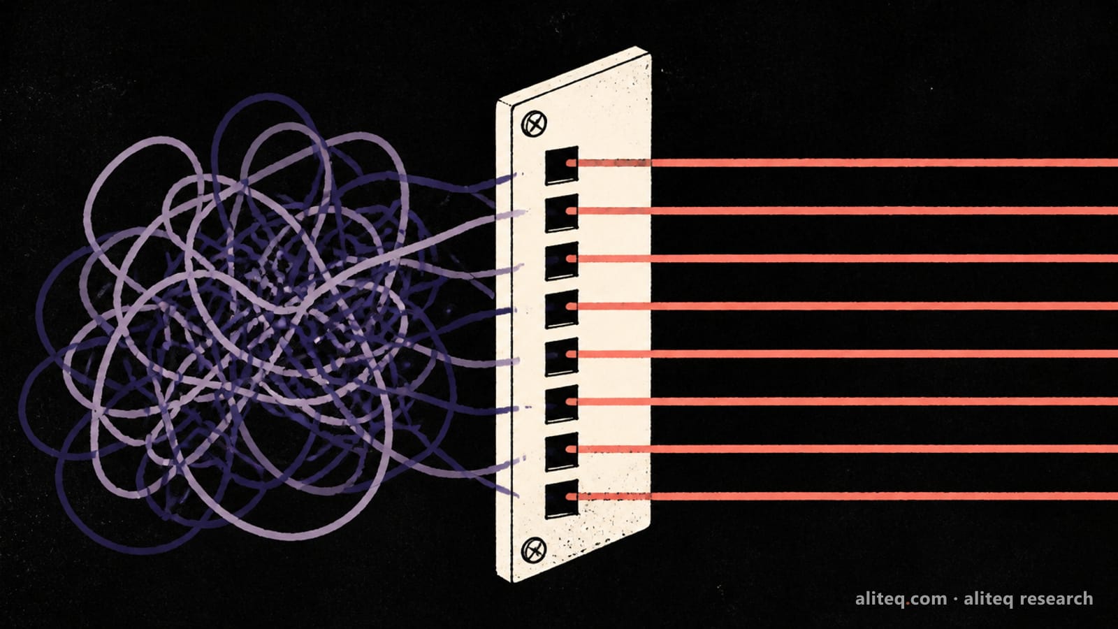 Hand-drawn editorial illustration of a tangle of loose violet scribbled lines entering a rigid off-white metal plate with eight square slots, and leaving the other side as eight perfectly straight coral lines, on a near-black background