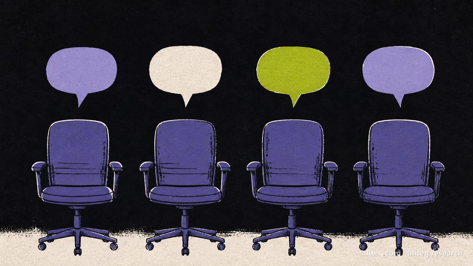 Four identical empty office chairs in a row, each with a different blank speech bubble above it, one bubble lime green, in a hand-printed editorial style