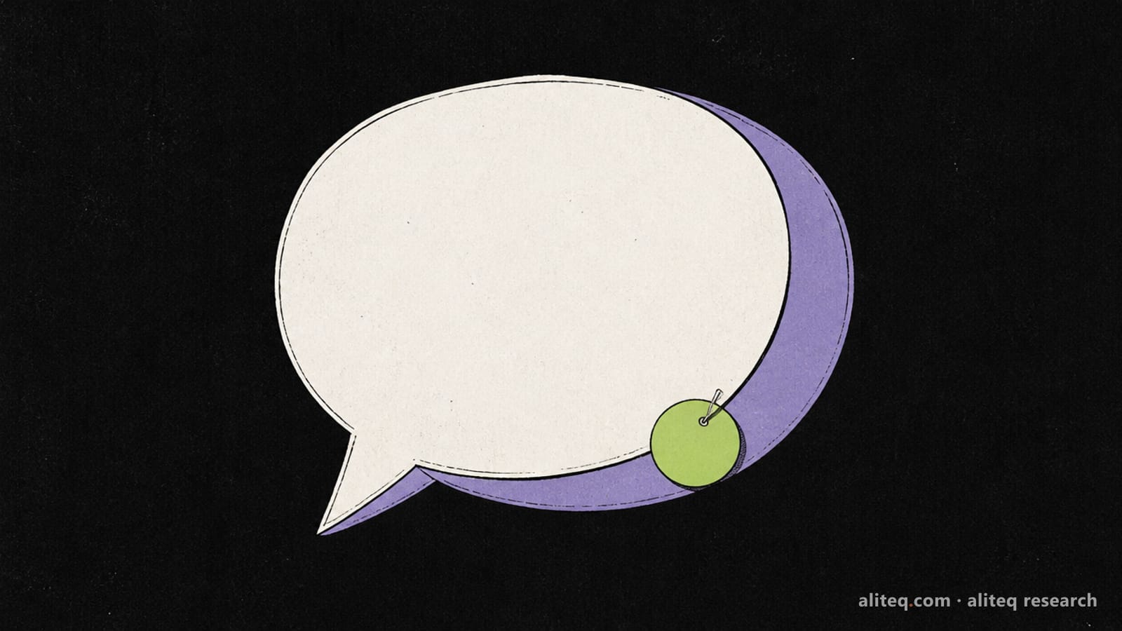 A large off-white speech bubble on a near-black background with a lavender shadow, a small blank lime-green circular badge pinned to its lower edge