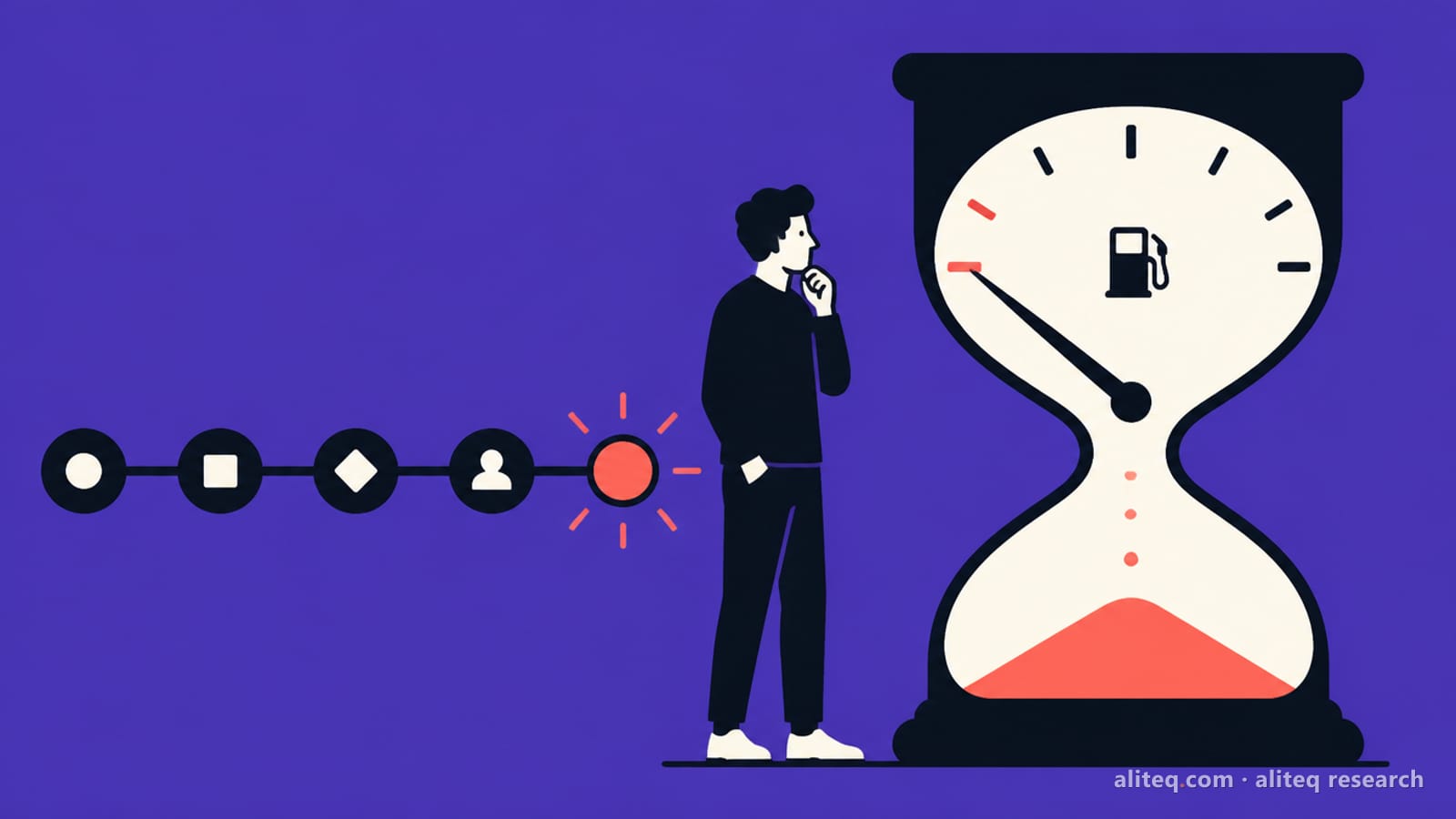 Flat illustration of a person standing between a chain of connected workflow nodes, the last one glowing coral, and a giant hourglass with a fuel gauge whose needle has hit empty, on a violet background