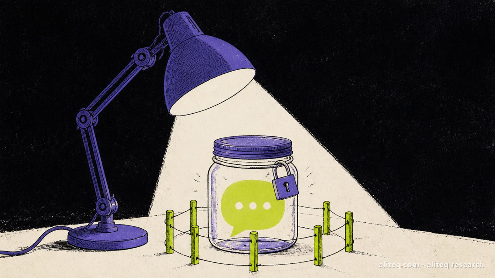 Hand-drawn editorial illustration of a desk lamp over a sealed, padlocked glass jar holding a glowing chat bubble, inside a small lime-green fence