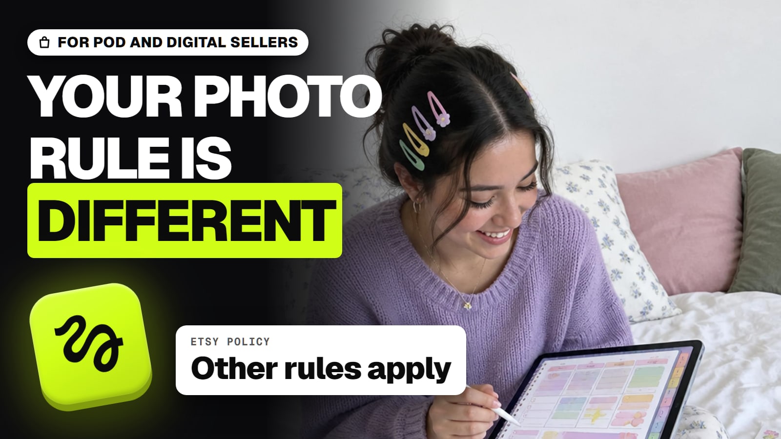 Thumbnail tagged For POD and digital sellers: a smiling woman in a lilac sweater draws on a digital planner on a tablet, the Higgsfield app icon on the left, headline Your photo rule is different, and a card reading Etsy policy, Other rules apply