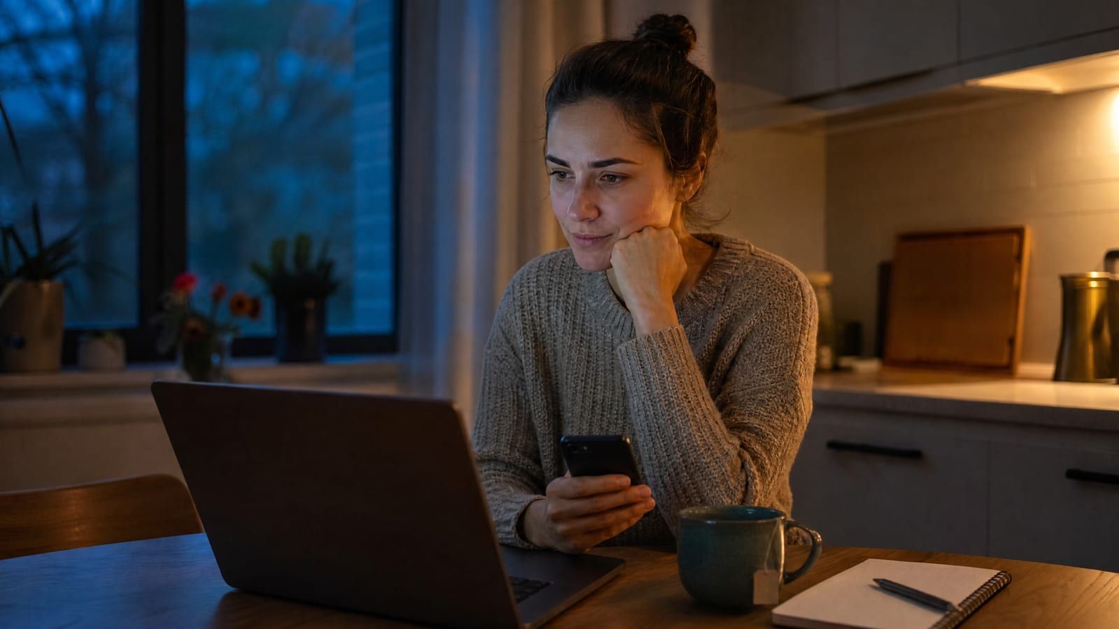 Photoreal scene of a woman at a kitchen table in the evening, holding a phone and resting her chin on her hand while she looks at an open laptop whose screen faces away from the camera