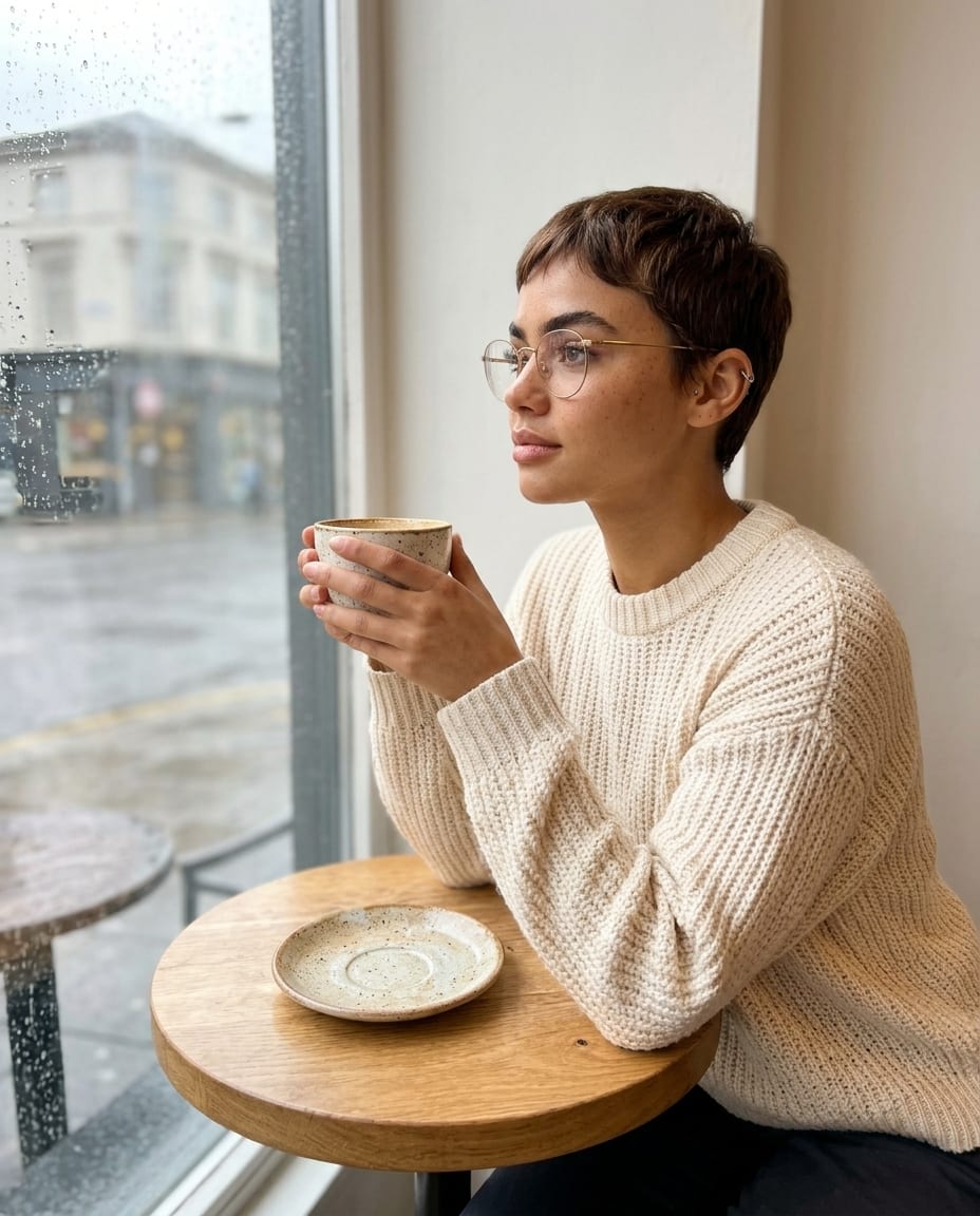 The same fictional woman with round glasses and short hair sitting at a cafe window table holding a ceramic coffee cup, wearing a cream knit sweater, rain on the window
